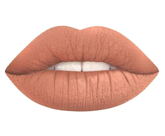 Vrouwelijke lippen getoond in warm midden tan nude "ROFL" lipstick