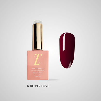 A Deeper Love Halal Gel Polish – Diepe wijnrode tint met luxe glans, flacon en kleurstaal