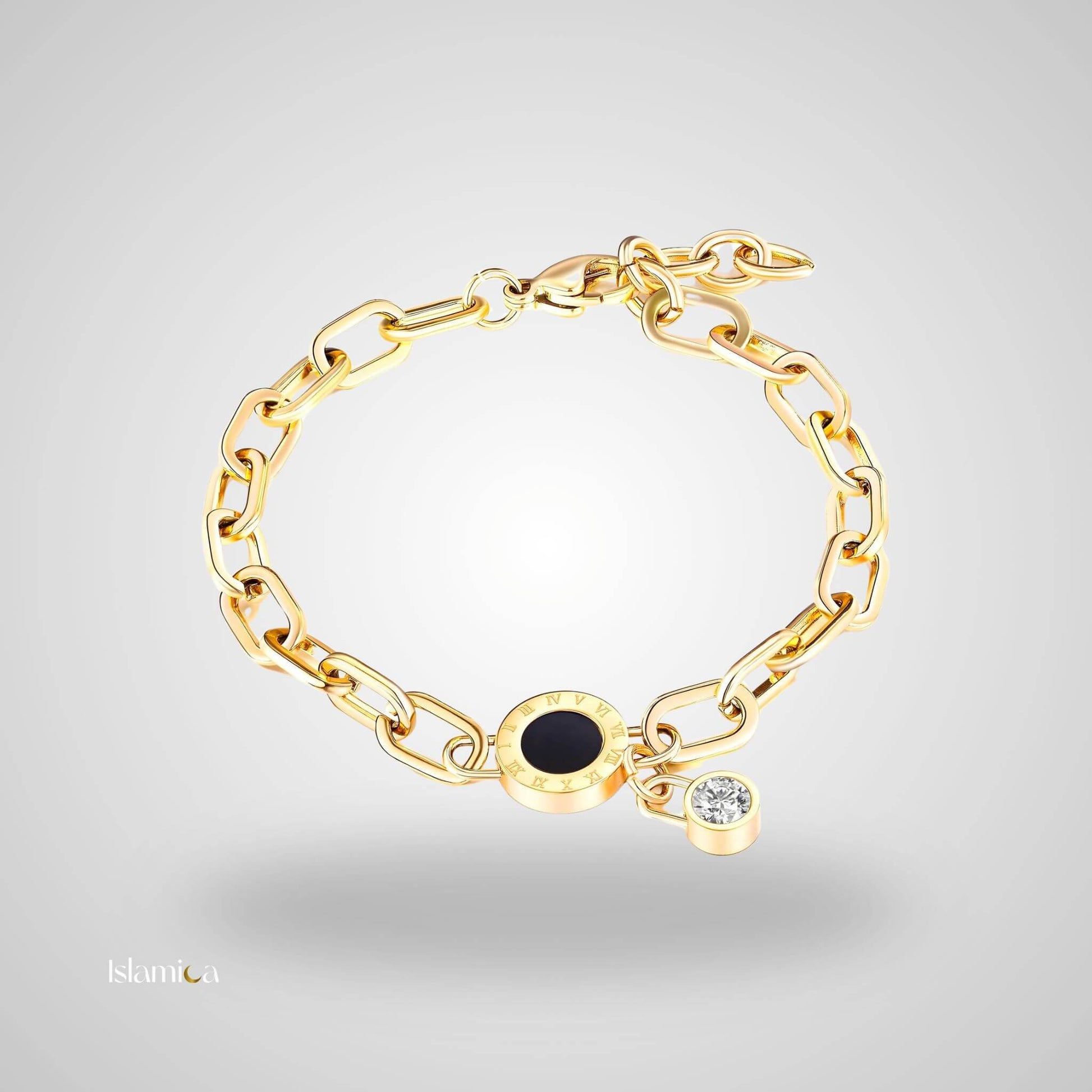 Gouden armband met Romeinse cijfers, zwarte inleg en cubic zirconia