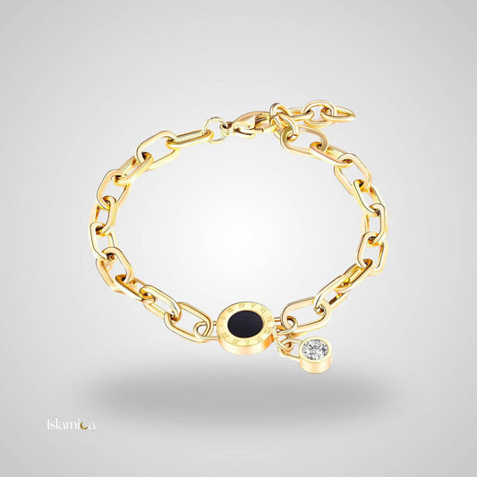 Gouden armband met Romeinse cijfers, zwarte inleg en cubic zirconia