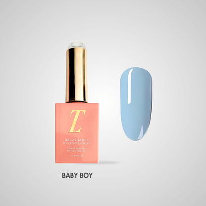 Baby Boy Halal Gel Polish – Zachte babyblauwe tint met een verfijnde glans, flacon en kleurstaal