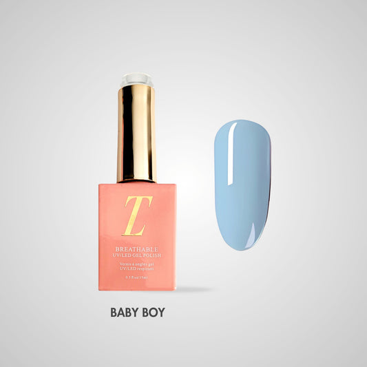 Baby Boy Halal Gel Polish – Zachte babyblauwe tint met een verfijnde glans, flacon en kleurstaal