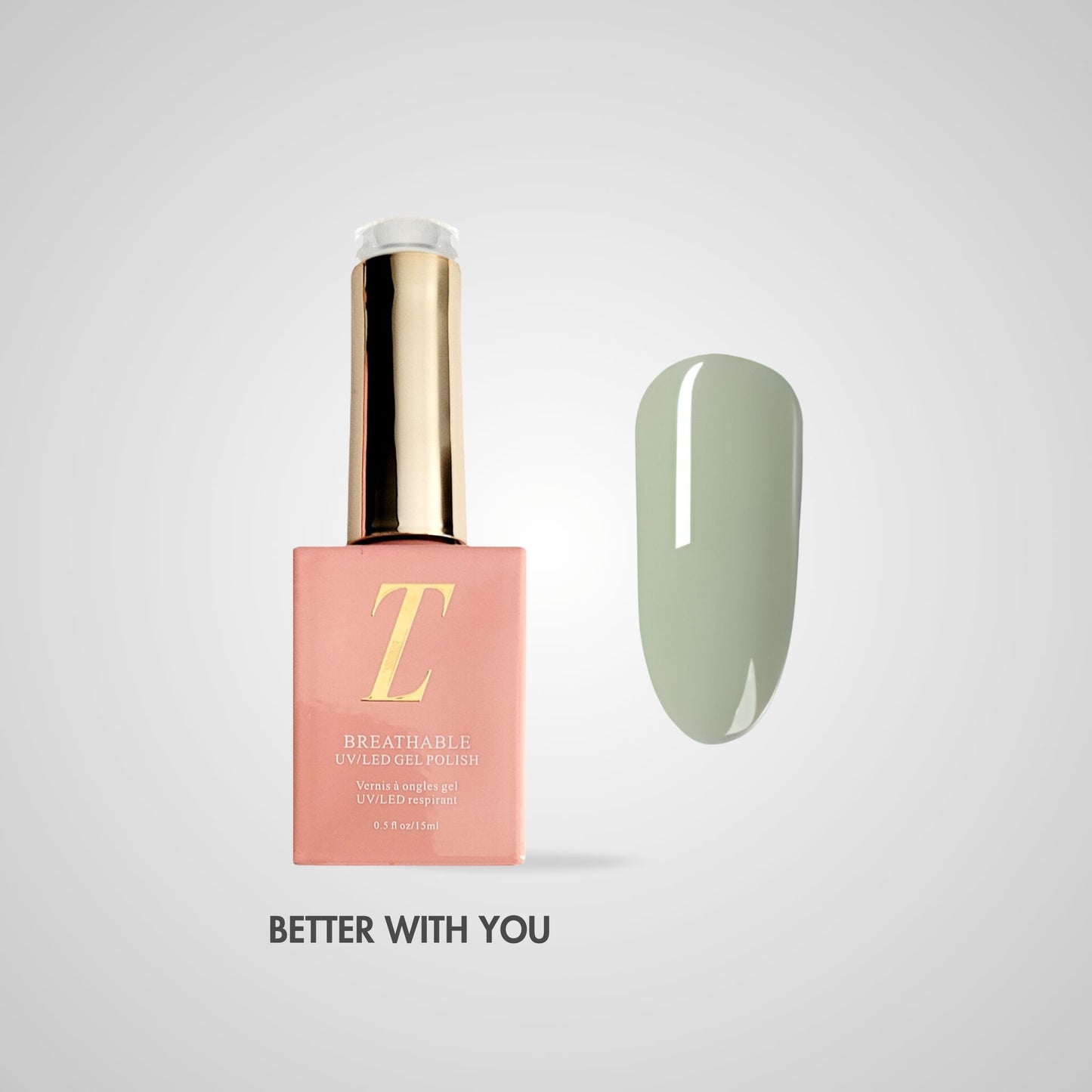 Better with You Halal Gel Polish – Lichte saliegroene tint, flacon en kleurstaal