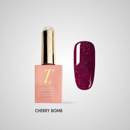 Cherry Bomb Halal Gel Polish – Diep kersenrode tint met shimmer finish, flacon en kleurstaal