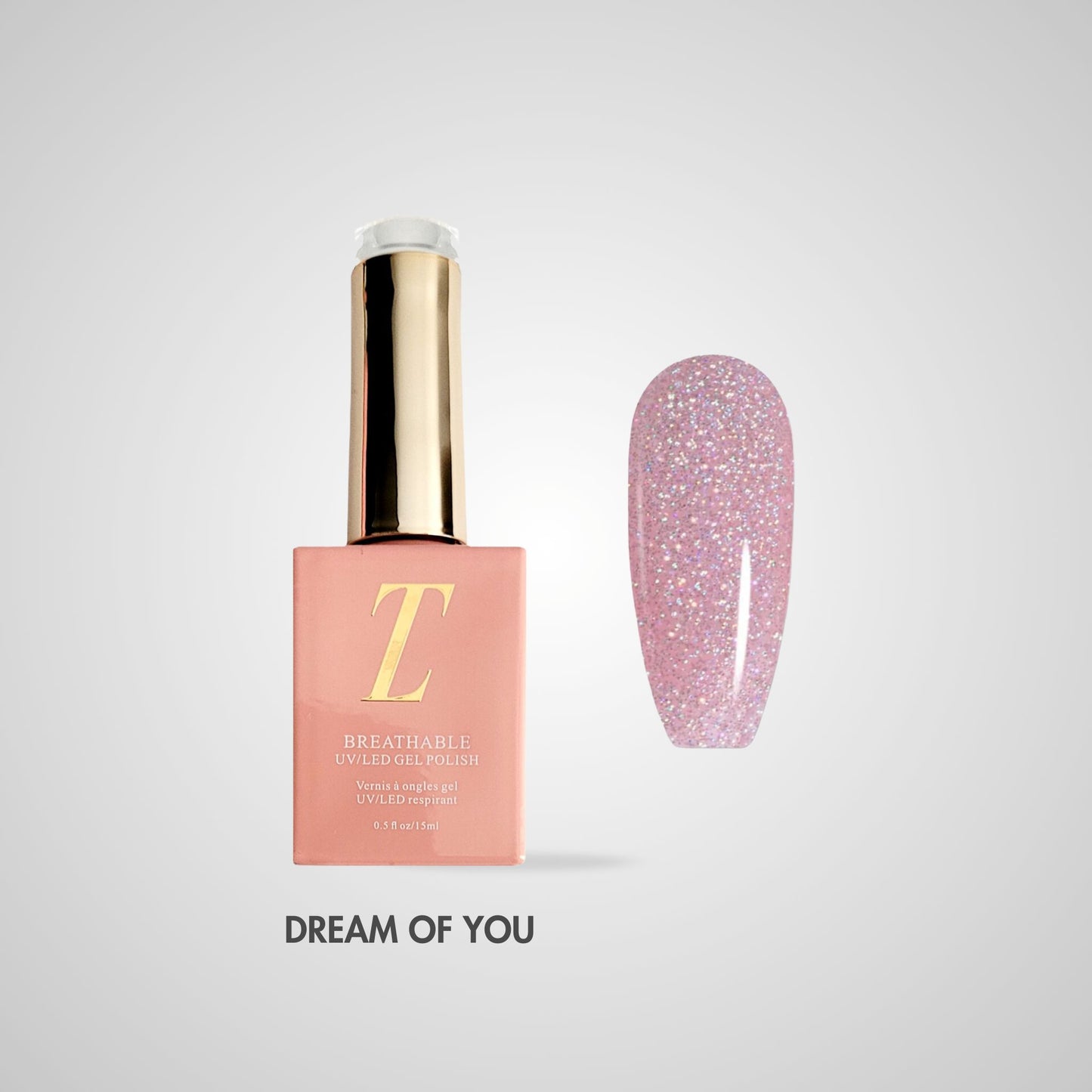 Dream of You Halal Gel Polish – Taupe met roze ondertoon, flacon en kleurstaal