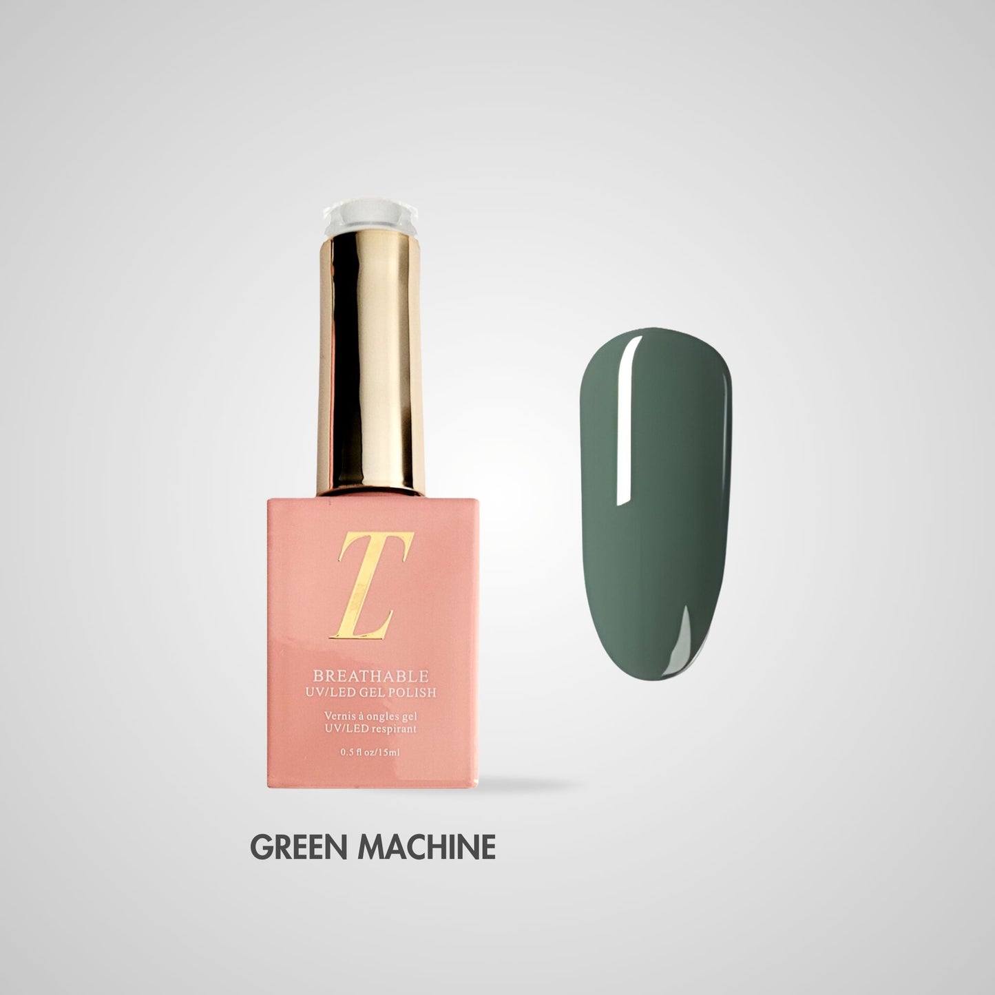 Green Machine Halal Gel Polish – Olijf-kaki groene tint, flacon en kleurstaal