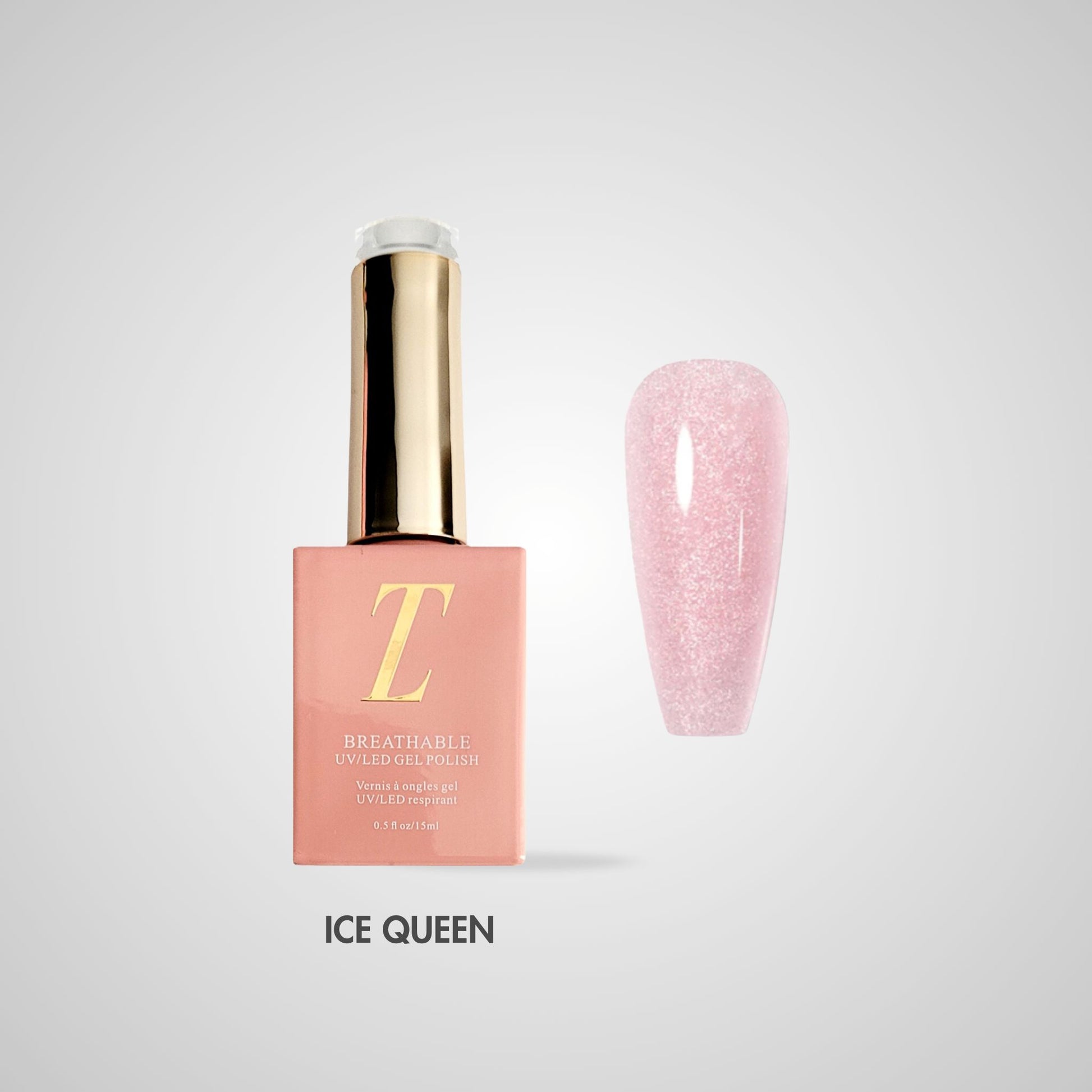 Ice Queen Halal Gel Polish – Suikerzoete roze tint met parelmoer finish, flacon en kleurstaal