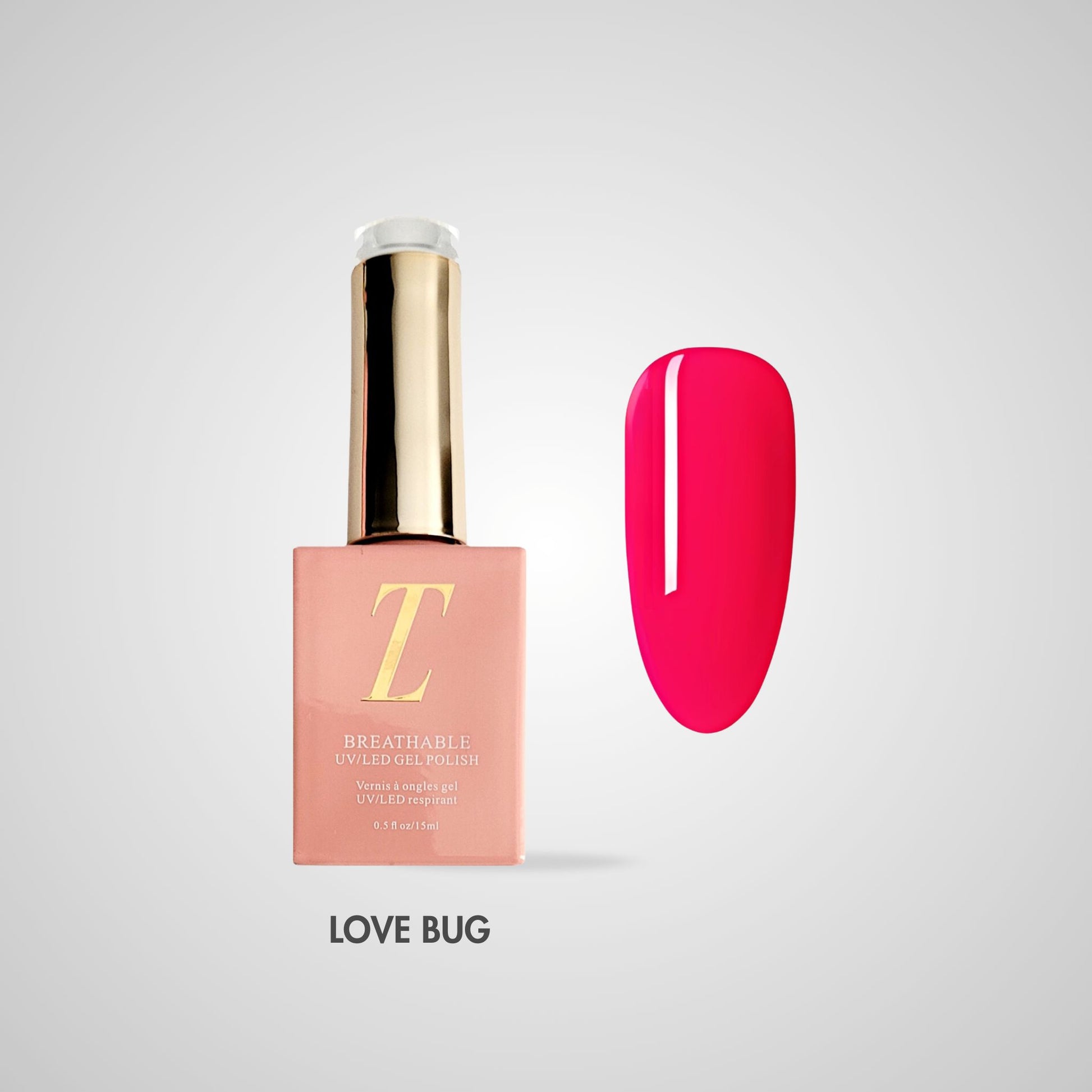 Love Bug Halal Gel Polish – Roze-rode tint met verfijnde glans, flacon en kleurstaal