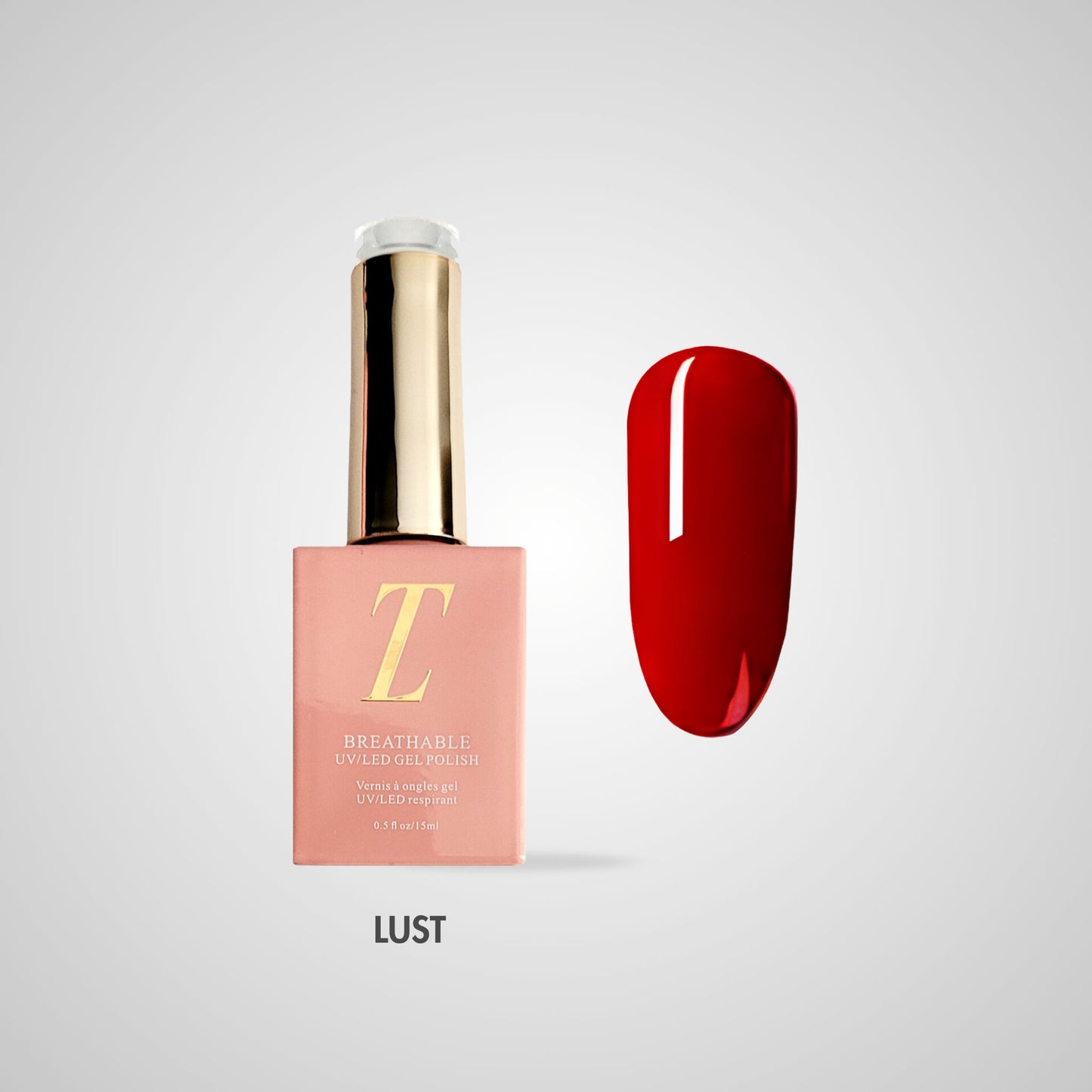 Lust Halal Gel Polish – Diepe klassieke rode tint met luxe glans, flacon en kleurstaal