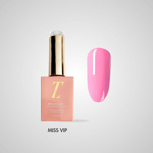 Miss VIP Halal Gel Polish – Medium roze tint met luxe glans, flacon en kleurstaal