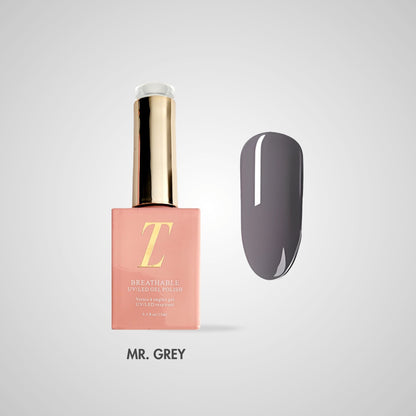  Mr. Grey Halal Gel Polish – Diep houtskoolgrijs, flacon en kleurstaal