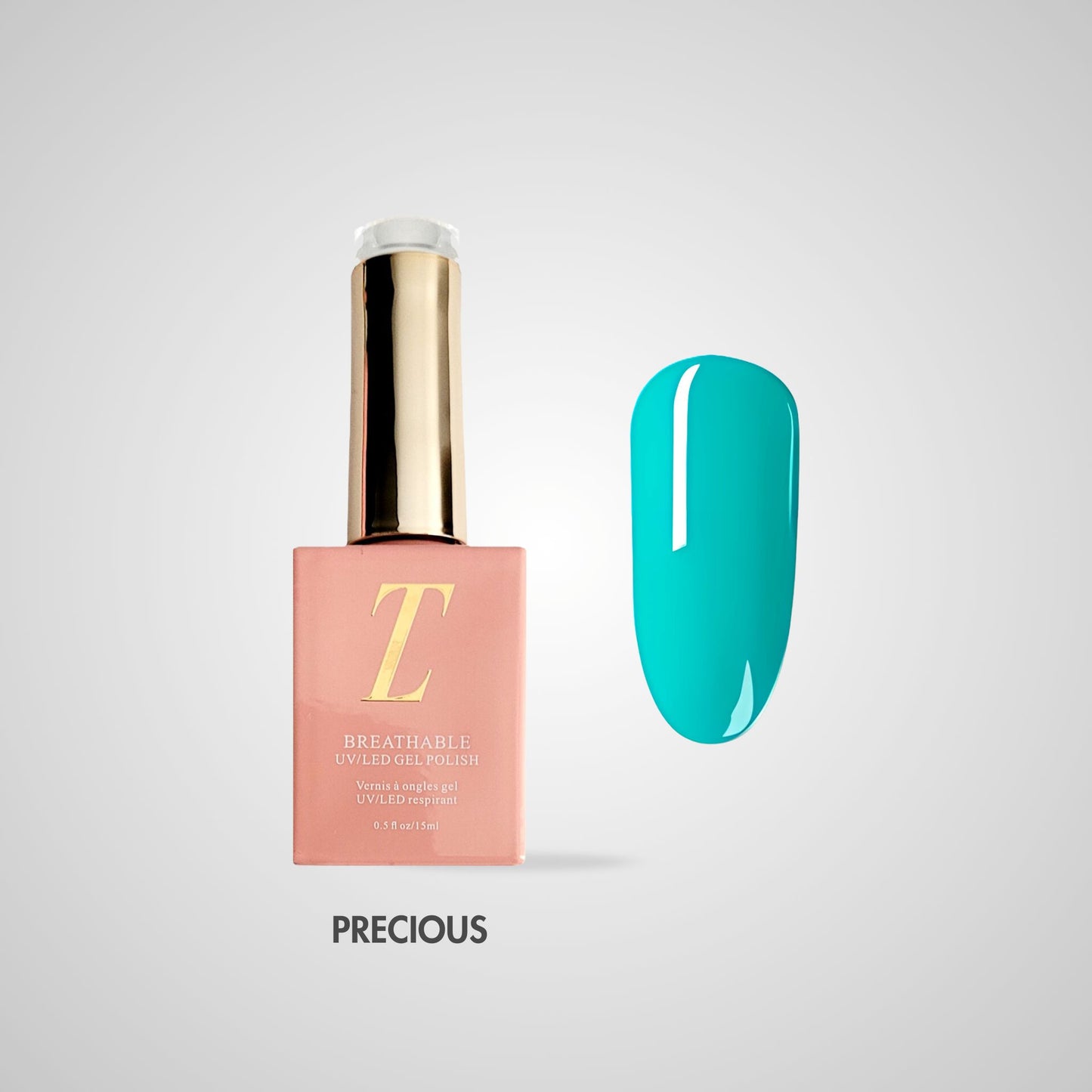 Precious Halal Gel Polish – Aqua teal tint met luxe glans, flacon en kleurstaal