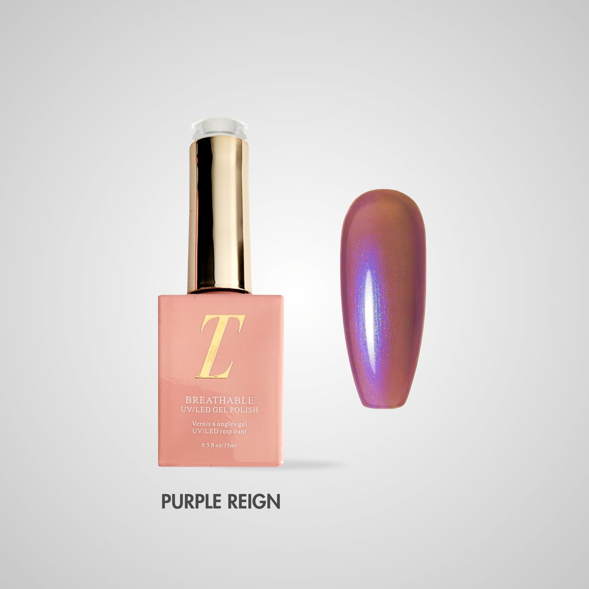 Purple Reign Halal Gel Polish – Pruimpaarse tint met parelmoer glans, flacon en kleurstaal