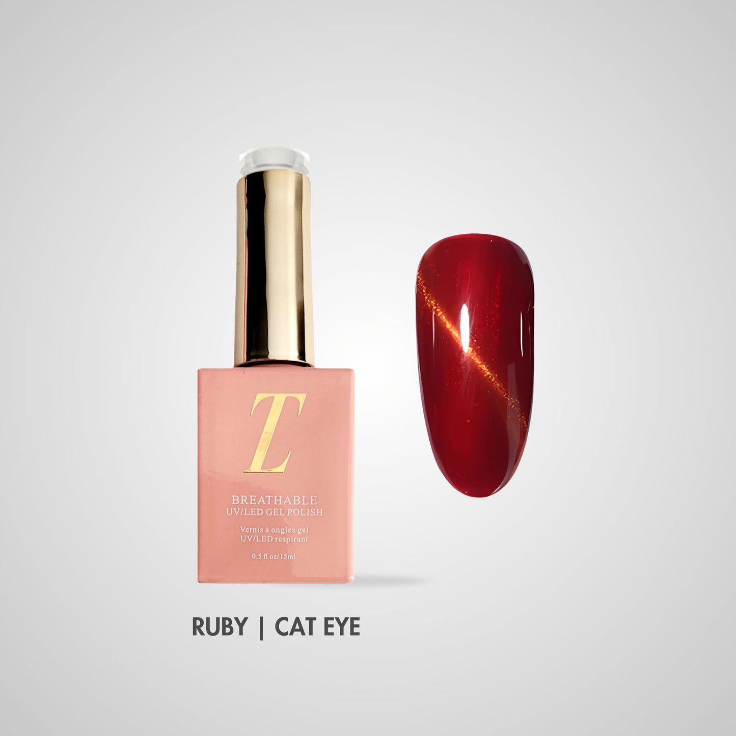 Ruby Red Halal Cat Eye Gel Polish – Dieprood met magisch cat-eye effect, flacon en kleurstaal