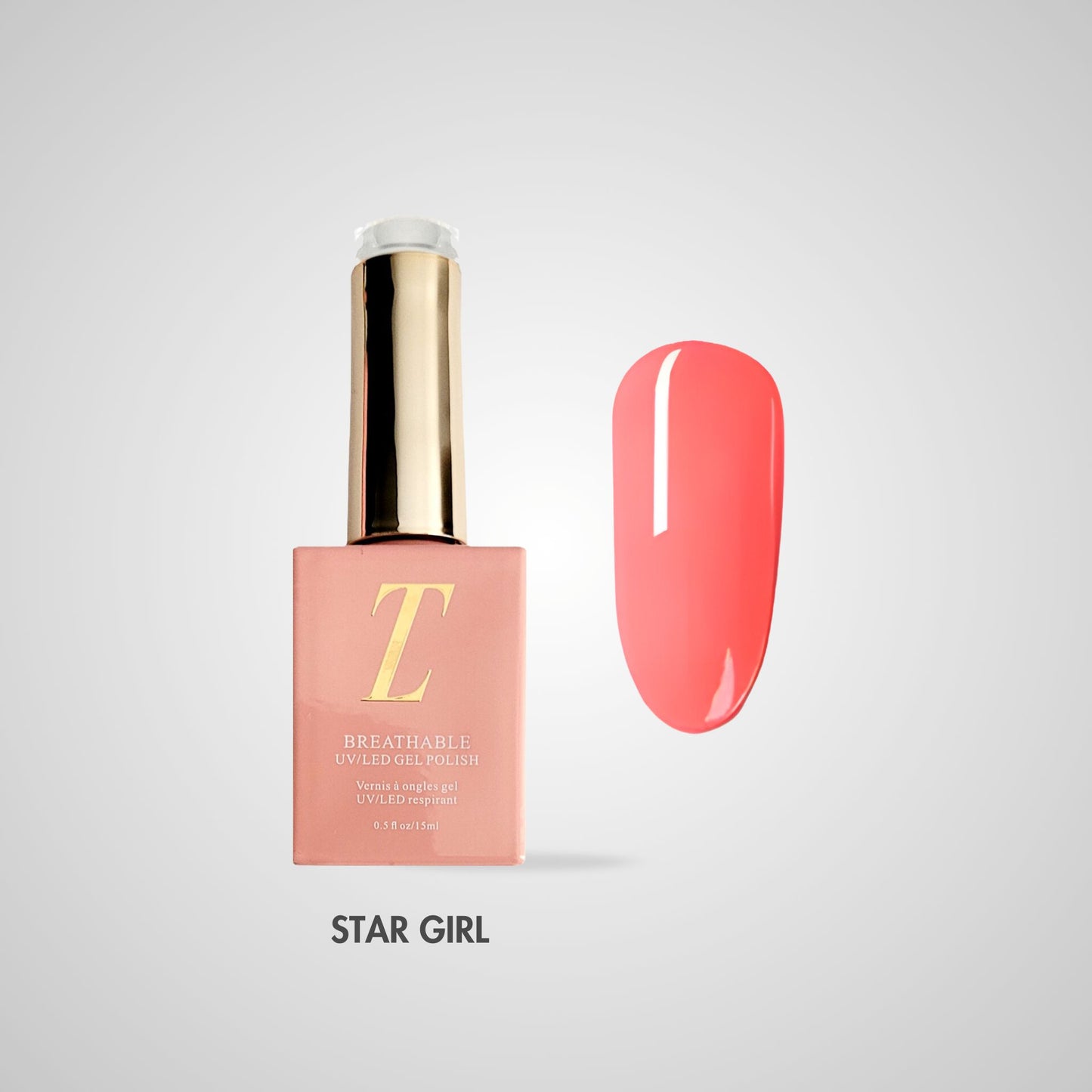 Star Girl Halal Gel Polish – Koraalroze tint met luxe glans, flacon en kleurstaal