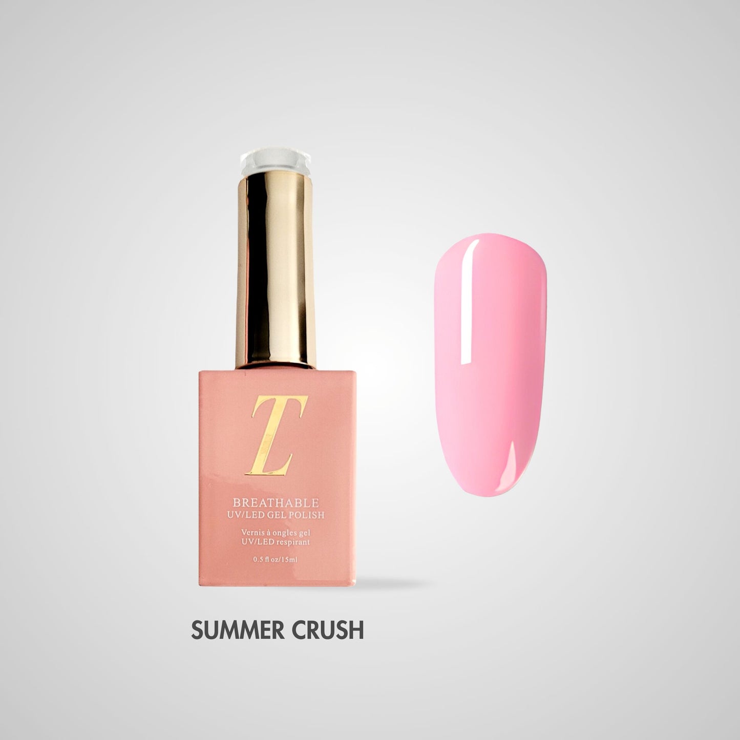 Summer Crush Halal Gel Polish – Zachte babyroze tint met verfijnde glans, flacon en kleurstaal