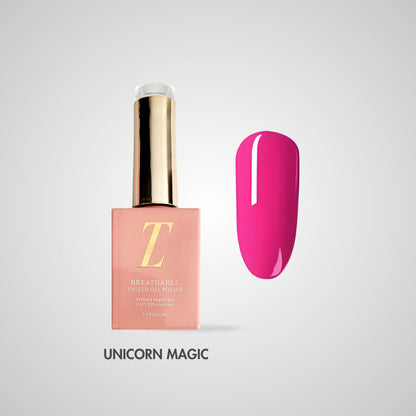 Unicorn Magic Halal Gel Polish – Magenta roze tint met luxe glans, flacon en kleurstaal